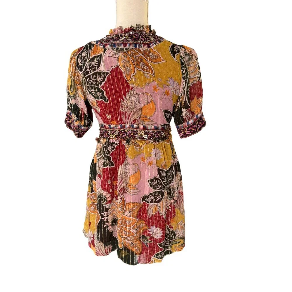 Anthropologie Beaded Shimmer Mini Dress M medium Verb metallic v-neck red yellow